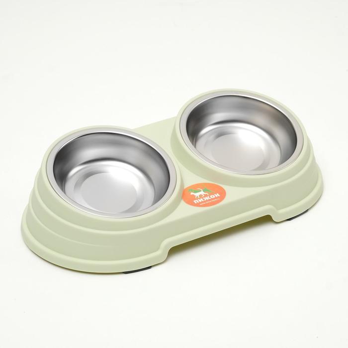 Миска металлическая двойная наклонная на пластиковом основании, 28.5×15×7 см, зелёная - Фото 1