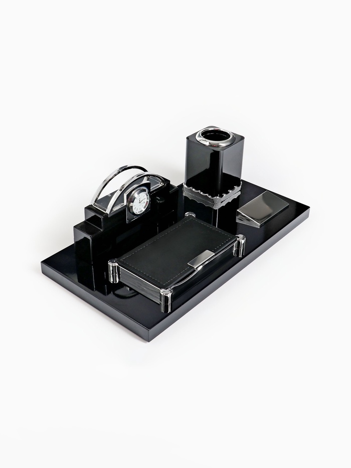 Набор настольный канцелярский 4 в 1 с часами, черное дерево - Фото 1