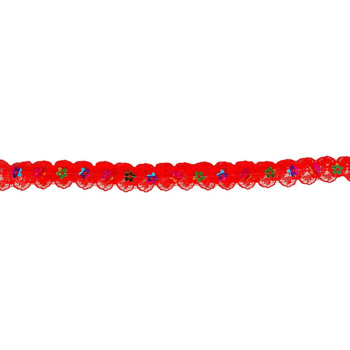 Тесьма гипюровая красная с пайетками, 1,3 см, в бобине 548 м - Фото 1
