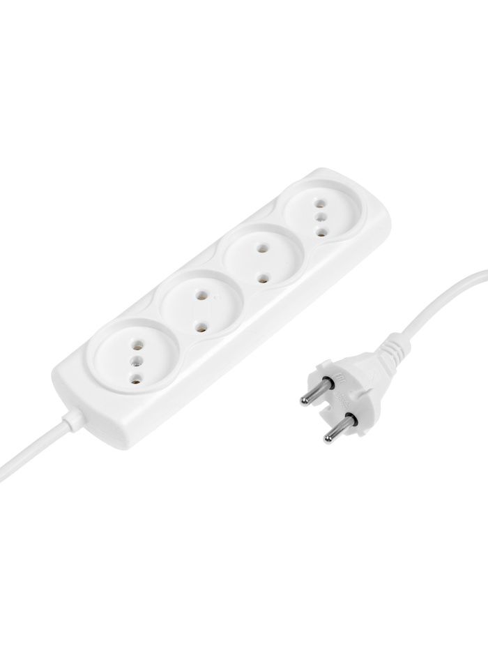 Удлинитель Luazon Lighting ECO, 4 розетки, 5 м, 10 А, 2200 Вт, ПВС 2×0.75 мм2, без заземления, белый