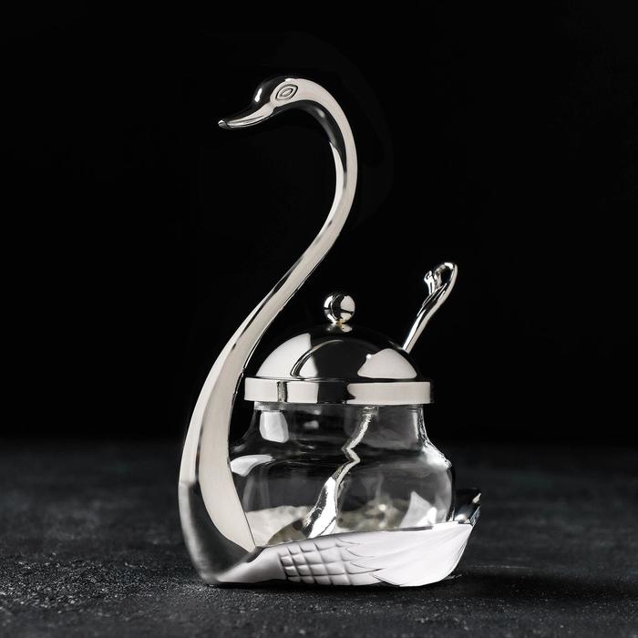 Сахарница «Лебедь», 150 мл, 11,5×8×16 см, с ложкой, цвет металла серебряный - фото 1905761829