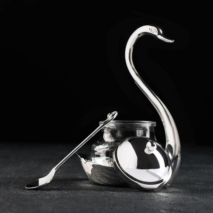 Сахарница «Лебедь», 150 мл, 11,5×8×16 см, с ложкой, цвет металла серебряный - фото 1926187614