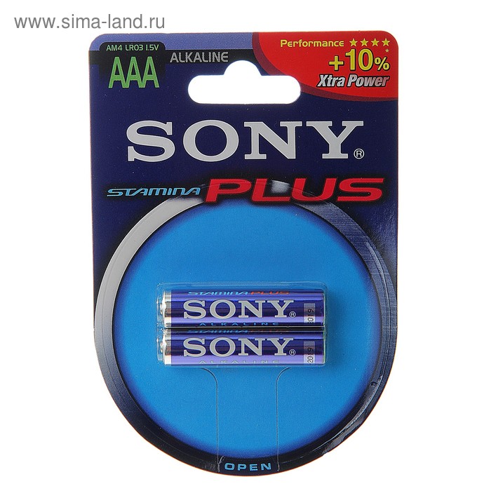 Батарейка алкалиновая Sony Stamina Plus, AAA, LR03-2BL, 1.5В, блистер, 2 шт. - Фото 1