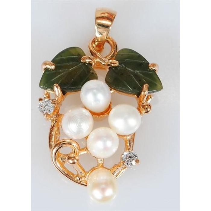 Подвеска с жемчугом и нефритом "Виноград", позолота с родированием - Фото 1