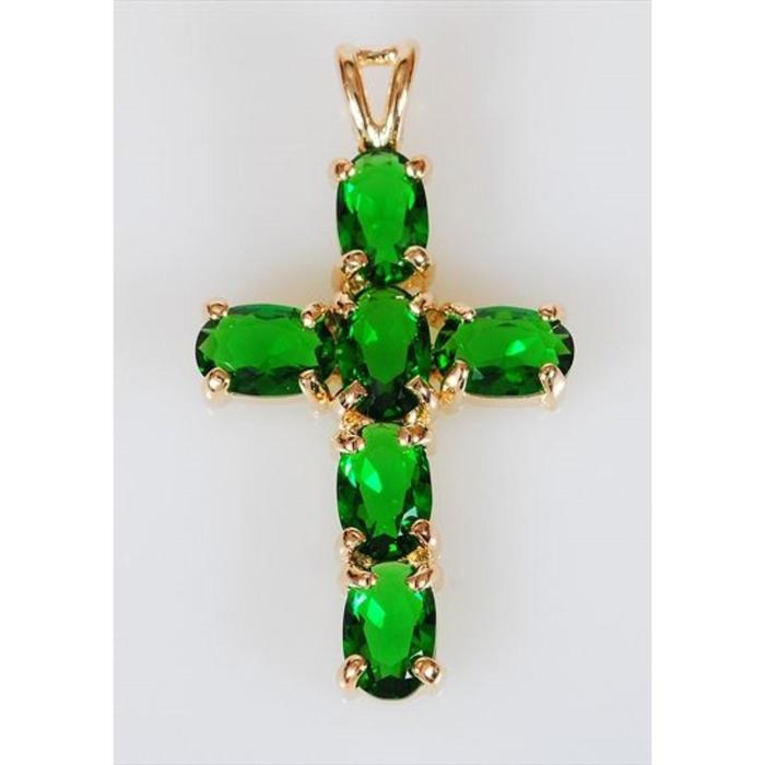 Подвеска с зеленым фианитом "Крест", позолота с родированием - Фото 1