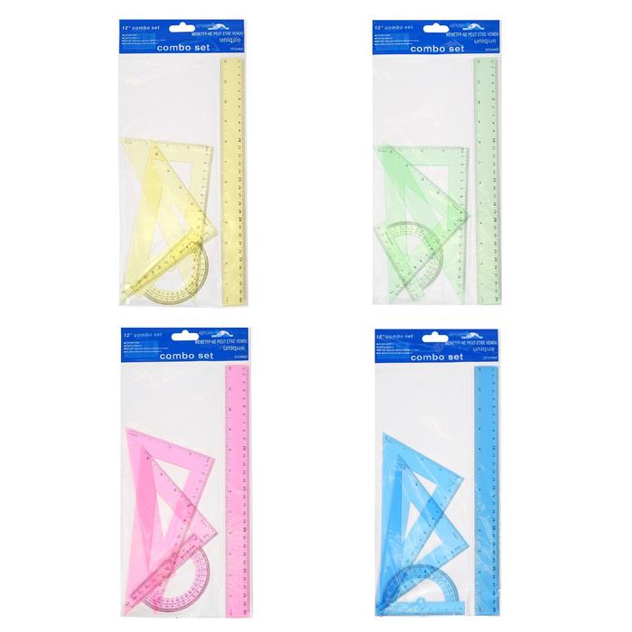 Набор чертёжный 4 предмета (линейка 30 см, угольник 19 см/ 30°, угольник 13 см/ 45°, транспортир) МИКС - Фото 1