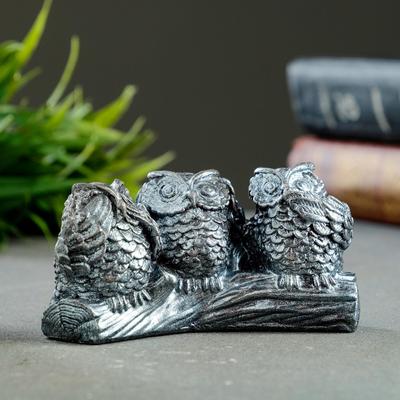 Фигурка гипс «Три совы на жердочке», состаренное серебро, 10×5×4 см
