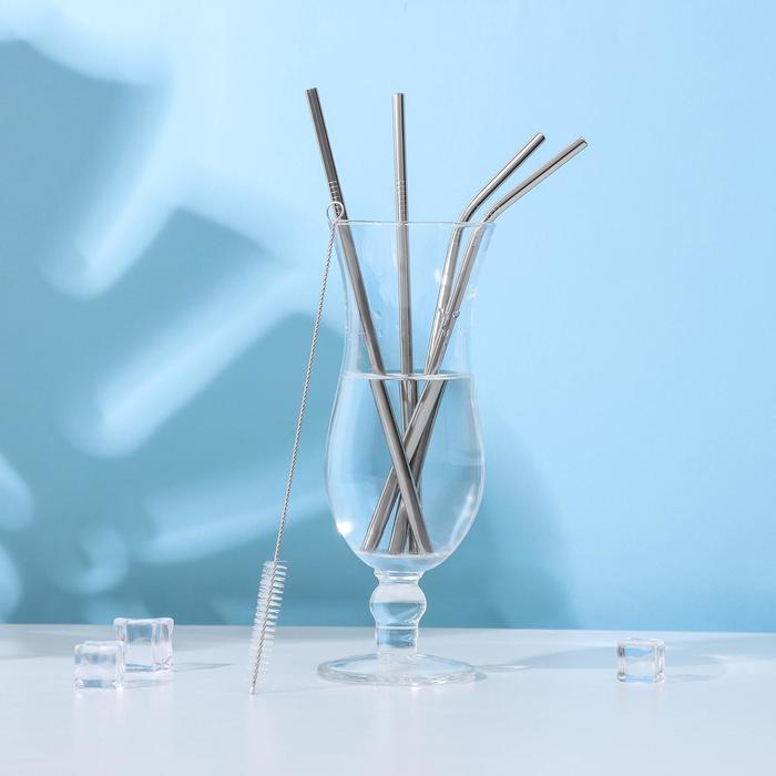 Трубочки для коктейлей Доляна Ice, 21 см, с ёршиком, нержавеющая сталь, 4 шт., форма МИКС - Фото 1