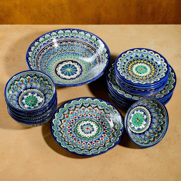 Набор столовой посуды узбекский Риштанская керамика, 19 предметов, синяя - Фото 1