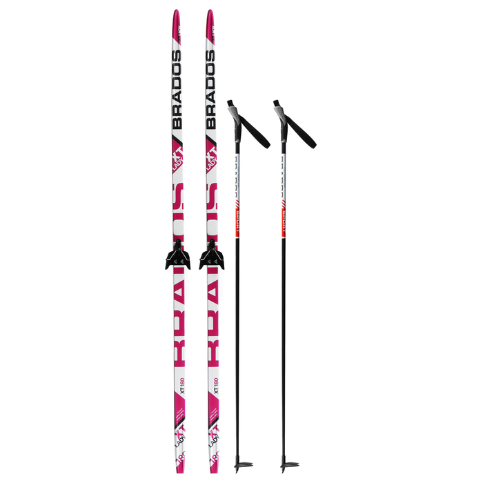Комплект лыжный: пластиковые лыжи 180 см с насечкой, стеклопластиковые палки 140 см, крепления NN75 мм - Фото 1