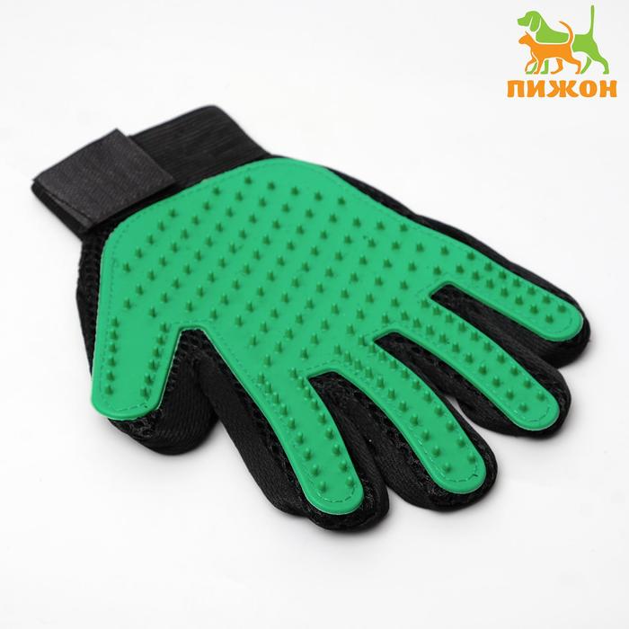 Перчатка - щетка для шерсти на правую руку с удлиненными зубчиками, зелёная - Фото 1