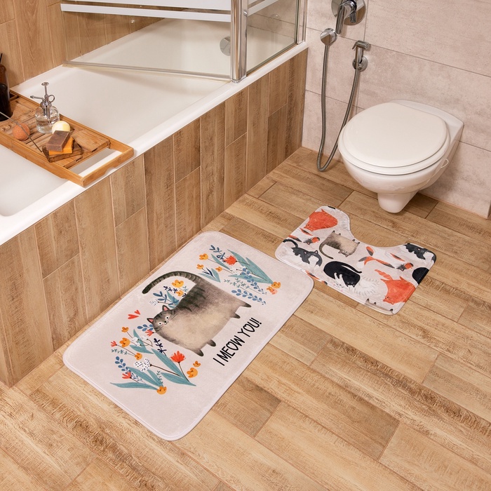 Набор ковриков для ванной Этель «Котики», 2 шт., 80×50 см, 50×40 см, велюр - Фото 1