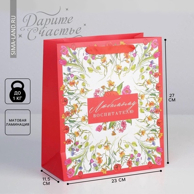 Пакет подарочный ламинированный, упаковка, «Любимому воспитателю», ML 27×23×11.5 см