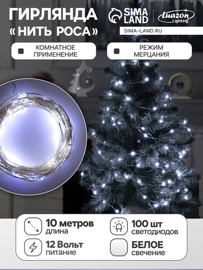 Гирлянда «Нить» 10 м, роса, IP20, серебристая нить, 100 LED, свечение белое, мерцание белым, 12 В