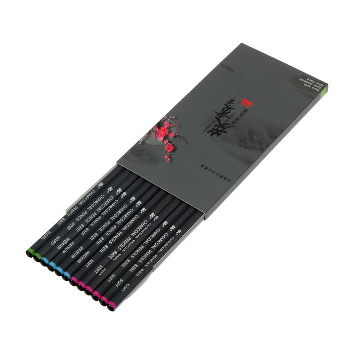 Карандаши угольные чёрные 12 шт. в наборе (мягкие 6 шт., средние 4 шт., твёрдые 2 шт.) - Фото 1