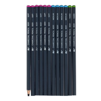 Карандаши угольные чёрные 12 шт. в наборе (мягкие 6 шт., средние 4 шт., твёрдые 2 шт.)