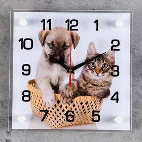 Часы настенные, интерьерные 'Щенок с котенком', бесшумные, 25 х 25 см