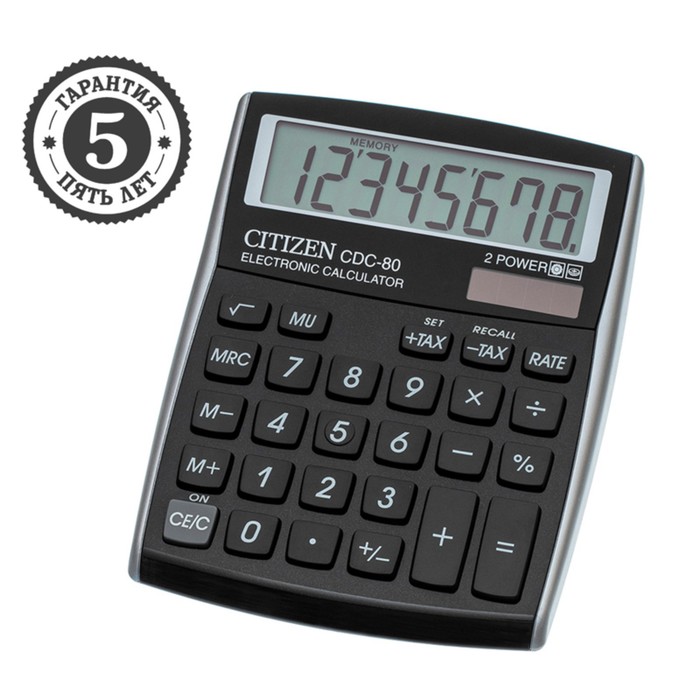 Калькулятор настольный Citizen "CDC-80BKWB", 8-разрядный, 109 х 135 х 25 мм, двойное питание, черный - Фото 1