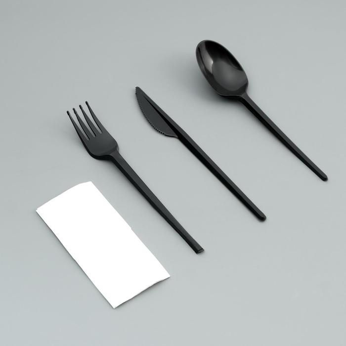 Набор одноразовой посуды "Вилка, ложка, нож, салфетка" черный, 16,5 см - Фото 1