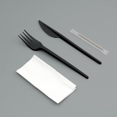Набор одноразовой посуды "Вилка, нож, салф.бум., зубочистка" черный, 16,5 см