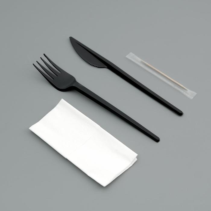 Набор одноразовой посуды "Вилка, нож, салф.бум., зубочистка" черный, 16,5 см - Фото 1