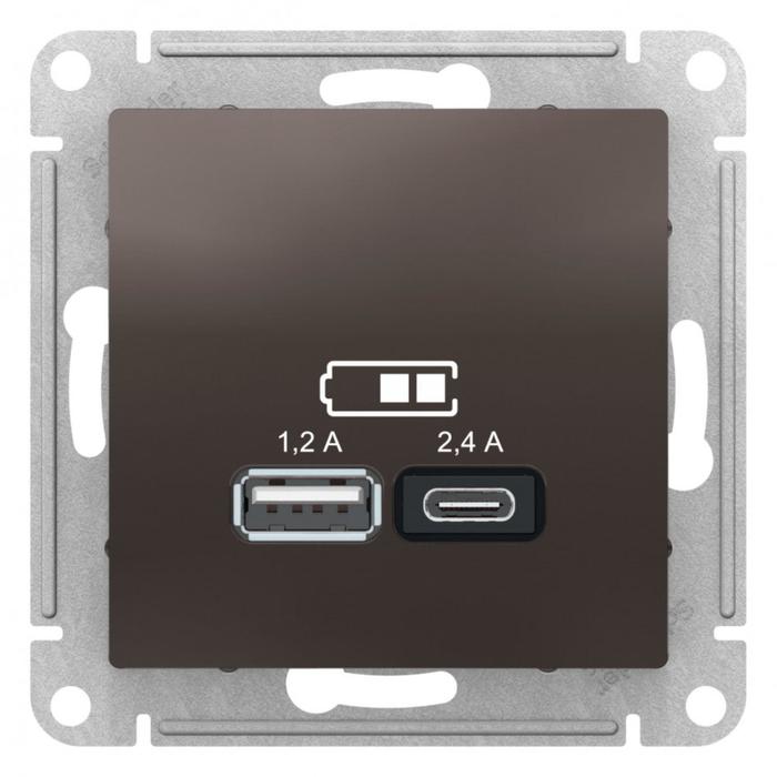 Розетка SE AtlasDesign, USB, A+С, 5В/2,4 А, 2х5В/1,2 А, механизм, цвет мокко - Фото 1