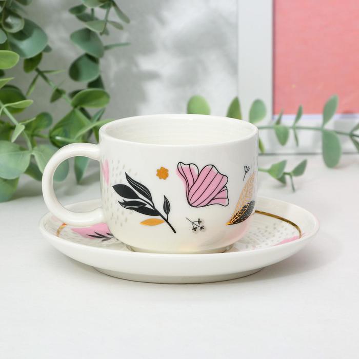 Кофейная пара из керамики «Цветы», 140 мл, цвет белый - Фото 1