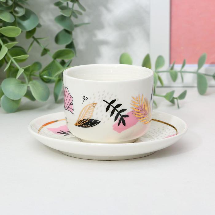 Кофейная пара из керамики «Цветы», 140 мл, цвет белый - фото 1927674616