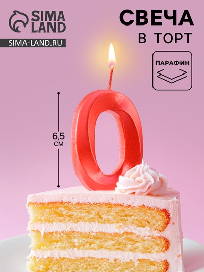 Свеча в торт «Грань», цифра 0, красный металлик, 6.5 см