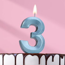 Свеча в торт "Грань", цифра "3", голубой металлик, 6,5 см