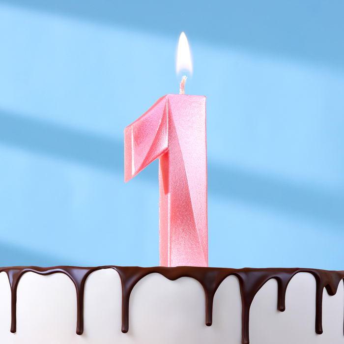 Свеча в торт "Грань", цифра "1", розовый металлик, 6,5 см - Фото 1