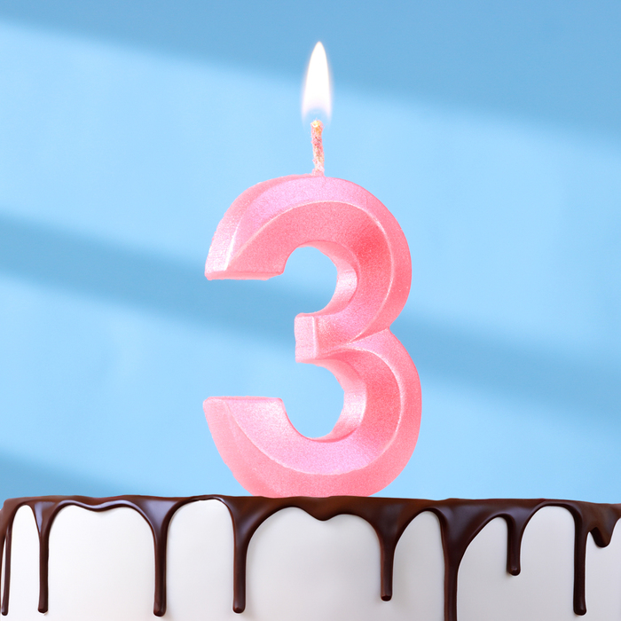 Свеча в торт "Грань", цифра "3", розовый металлик, 6,5 см - Фото 1