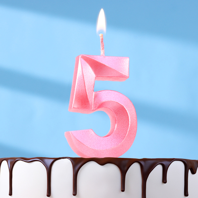Свеча в торт «Грань», цифра 5, розовый металлик, 6.5 см