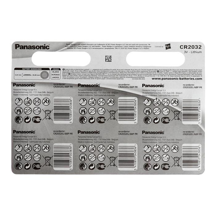 Батарейка литиевая Panasonic Lithium POWER RANGERS, CR2032-6BL, 3В, блистер, 6 шт. - фото 51320323