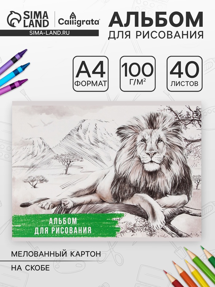 Альбом для рисования Calligrata «Лев» А4, 40 листов на скрепке, обложка мелованный картон, внутренний блок офсет 100 г/м² - Фото 1
