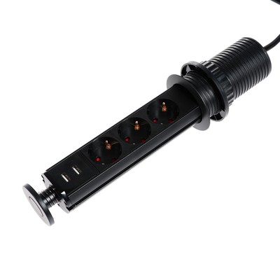 Розетка выдвижная Luazon, 16 А, трёхместная, в стол, 2xUSB, 2.1 A, чёрная