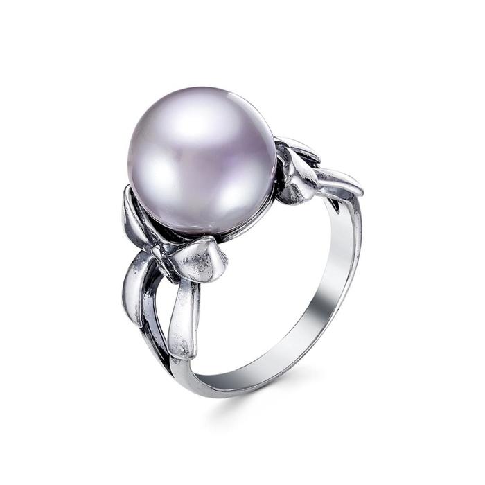 Кольцо «Жемчуг» бантик, посеребрение с оксидированием, цвет серый, 19,5 размер - Фото 1