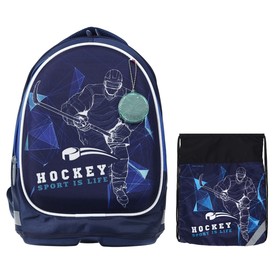 Рюкзак каркасный школьный, 39 х 28 х 18 см, + мешок для обуви, Calligrata П "Хоккей", синий/голубой