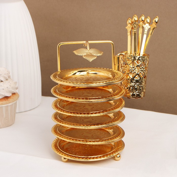 Набор блюдец «Золото», с подставкой, с ложками, 6 шт, цвет золотой - Фото 1