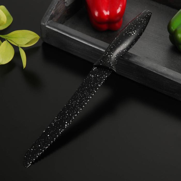 Нож с антиналипающим покрытием Доляна «Зефир», хлебный, лезвие 20 см, цвет чёрный - Фото 1