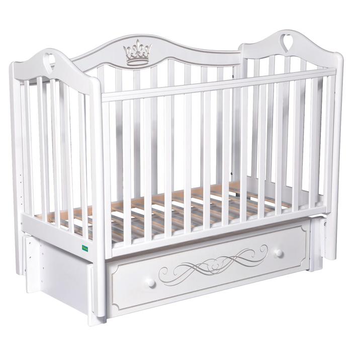 Кроватка Candy Elegance, универсальный маятник, фигурная спинка, ящик, цвет белый