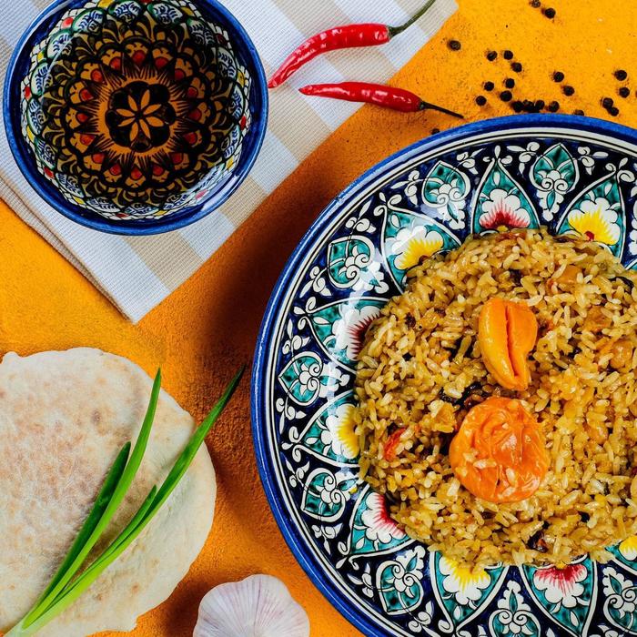 Набор "Частичка Востока" 3 предмета, ляган "Пахта", плов с мясом, плов с курагой - Фото 1