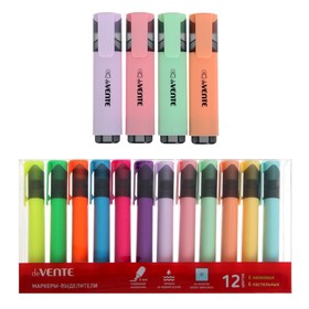 Набор маркеров текстовыделителей 12 цветов, 5,0 мм, deVENTE (6 неоновых и 6 пастельных цветов), на поддоне в пластиковой коробке