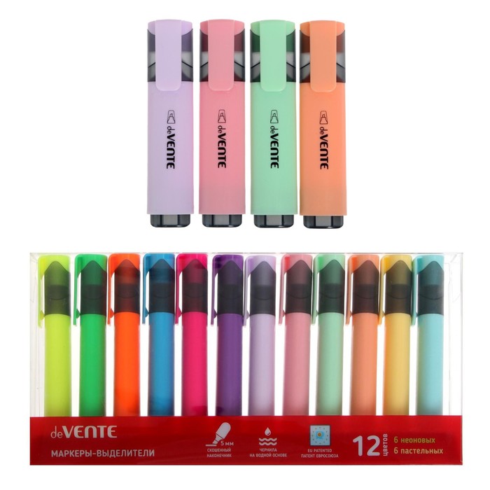 Набор маркеров текстовыделителей 12 цветов, 5,0 мм, deVENTE (6 неоновых и 6 пастельных цветов), на поддоне в пластиковой коробке - Фото 1