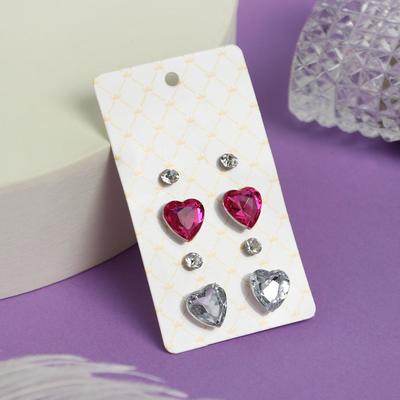 Серьги пусеты «Романтика. Сердечки», 4 пары, бело-розовые в серебре