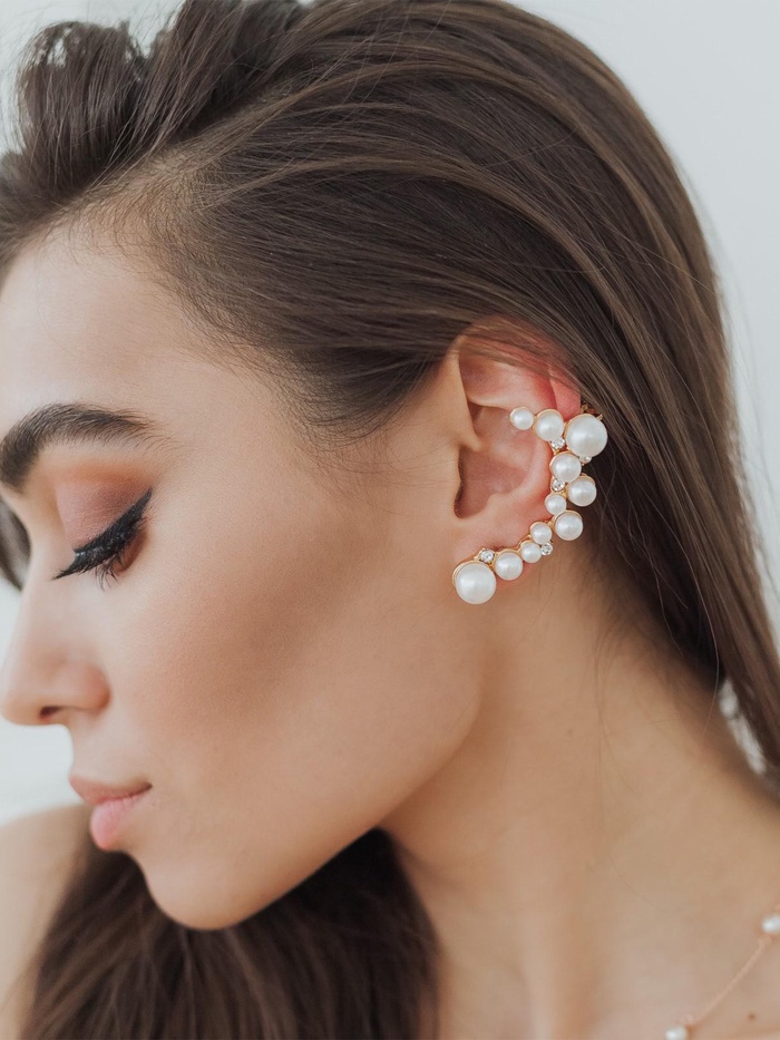 Серьга кафф «Жемчужное сокровище», цвет белый в золоте - Фото 1