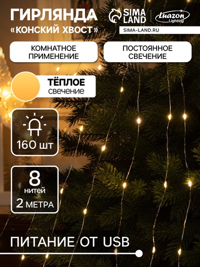 Гирлянда «Конский хвост» 8 нитей по 2 м, IP20, серебристая нить, 160 LED, свечение тёплое белое, USB