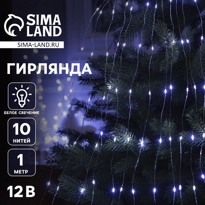Гирлянда «Конский хвост» 10 нитей по 1 м, IP20, серебристая нить, 100 LED, свечение белое, 12 В - Фото 1