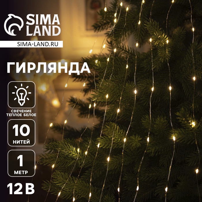 Гирлянда «Конский хвост» 10 нитей по 1 м, IP20, серебристая нить, 100 LED, свечение тёплое белое, 12 В - Фото 1