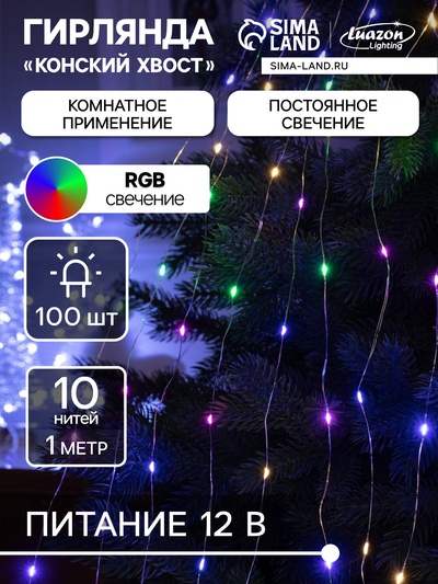 Гирлянда «Конский хвост» 10 нитей по 1 м, IP20, серебристая нить, 100 LED, свечение мульти (RGB), переливы, 12 В
